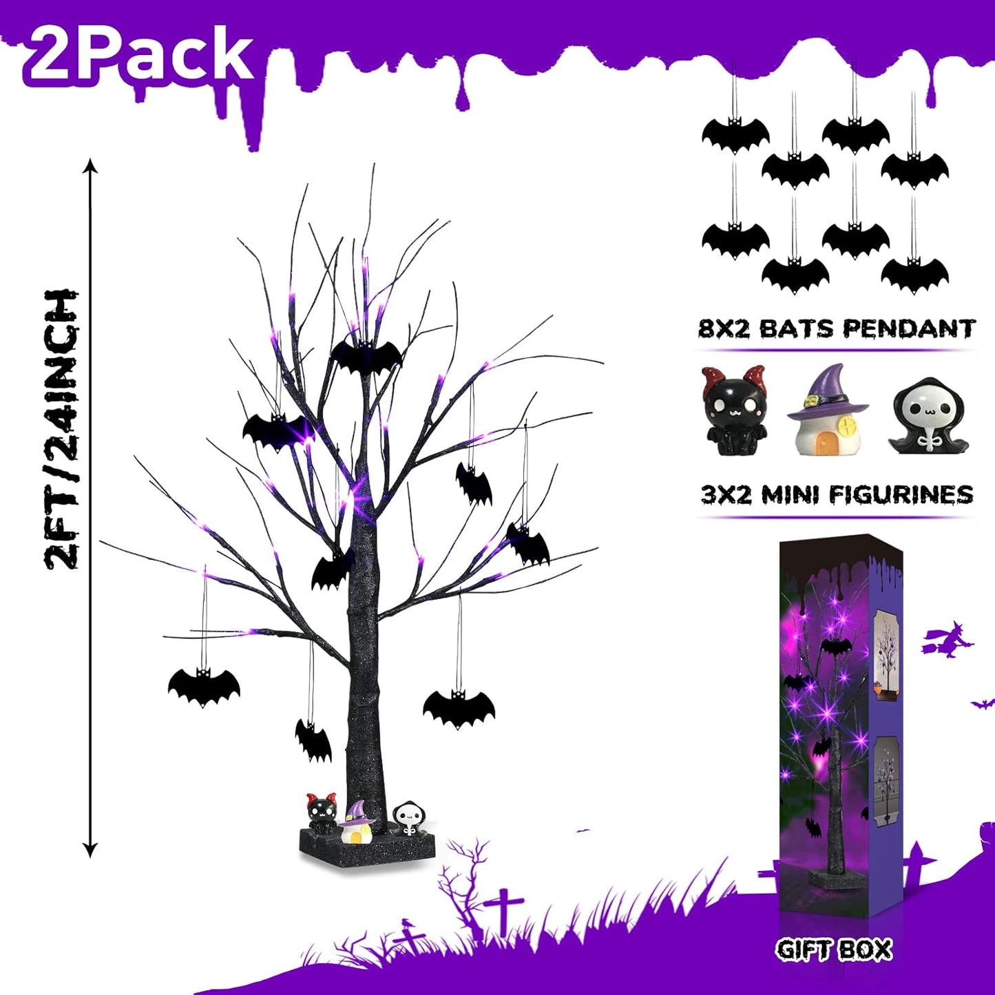 Halloween Decorations, 2FT Black Halloween Tree with 24 Purple Lights and 8 Bat Ornaments, Light up Halloween Decorations with Timer for Indoor Home Desk Table Decor (2PK)