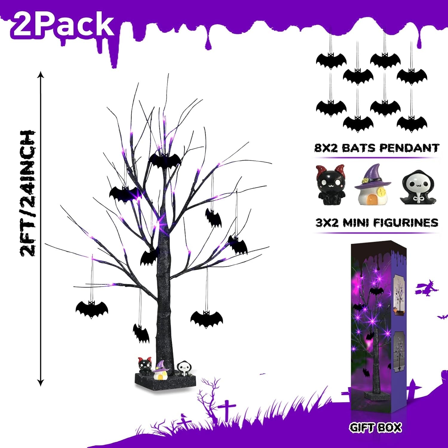 Halloween Decorations, 2FT Black Halloween Tree with 24 Purple Lights and 8 Bat Ornaments, Light up Halloween Decorations with Timer for Indoor Home Desk Table Decor (2PK)