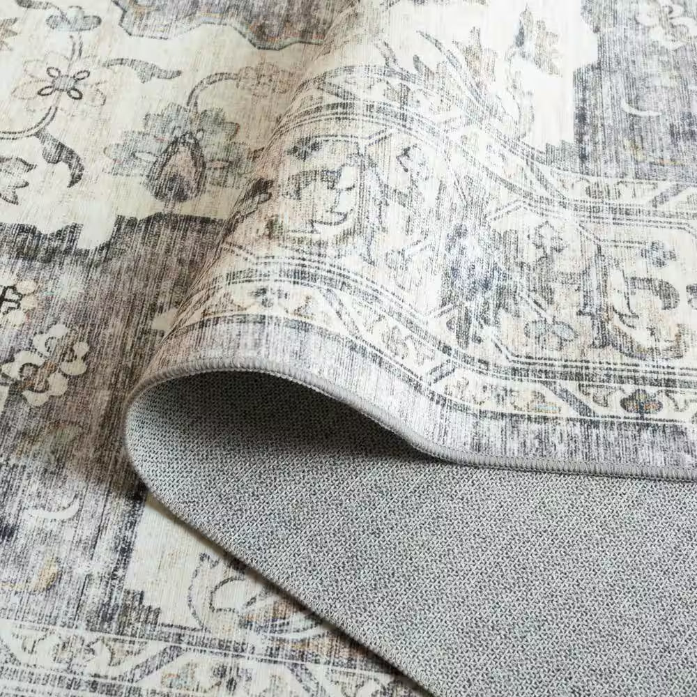 Arizona Light Gray/Beige 3 Ft. X 5 Ft. Distressed Border Ornate Machine Washable Area Rug