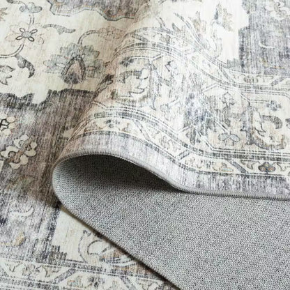 Arizona Light Gray/Beige 3 Ft. X 5 Ft. Distressed Border Ornate Machine Washable Area Rug