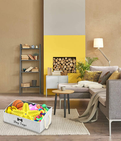 Large Dog Toys Storage Bins-Foldable Fabric Trapezoid Organizer Boxes with Weave Rope Handle,Collapsible Basket for Shelves,Dog Apparel(Gray-Dog)