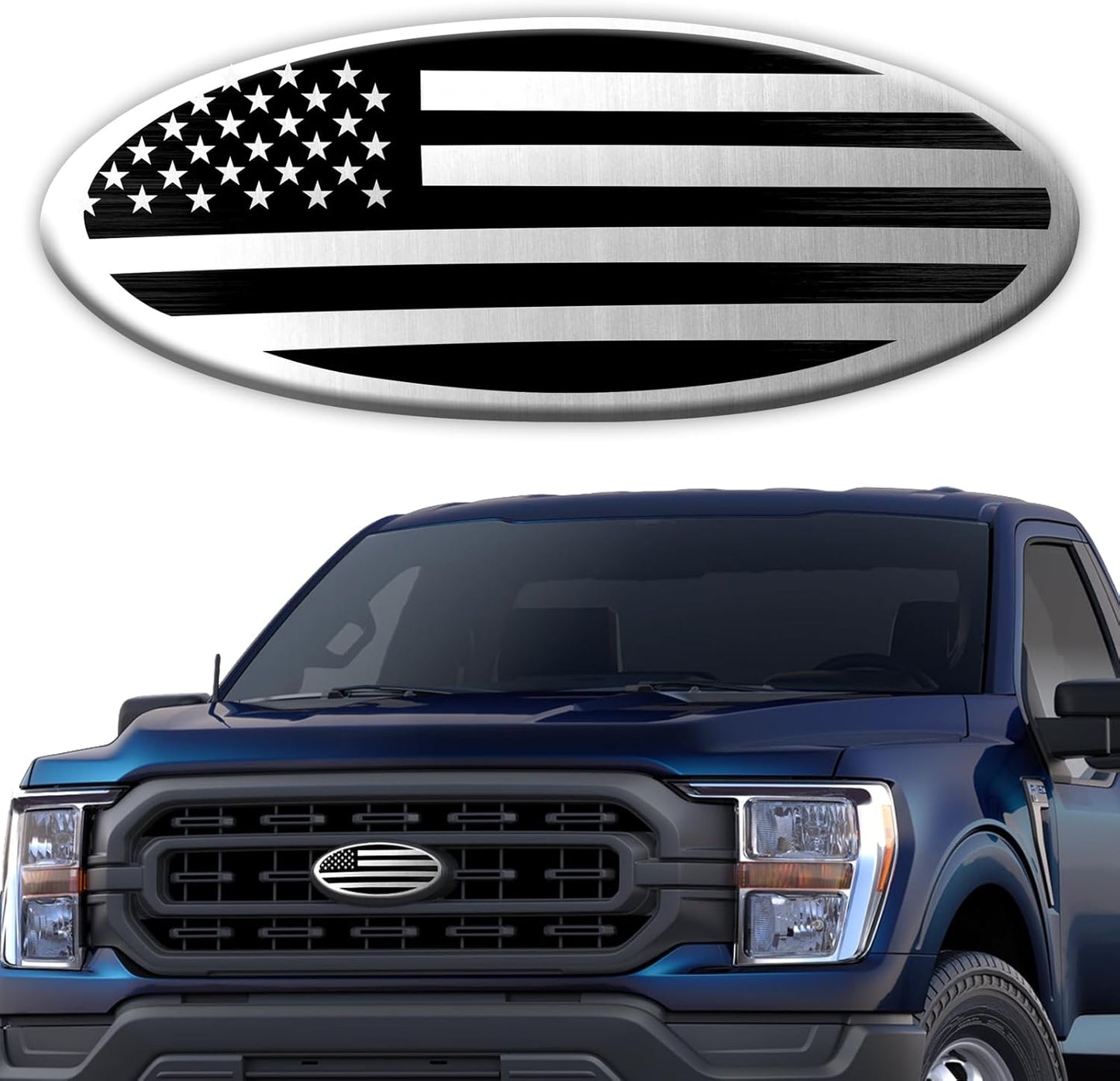 Tailgate Emblem for Ford F150 F250 F350 Silver American Flag 9 Inch Front Grill Emblem for Ford Emblem, Aluminum Oval Overlay Front Grill Rear Tailgate American Flag Decal Badge(Silver)