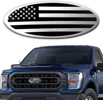 Tailgate Emblem for Ford F150 F250 F350 Silver American Flag 9 Inch Front Grill Emblem for Ford Emblem, Aluminum Oval Overlay Front Grill Rear Tailgate American Flag Decal Badge(Silver)