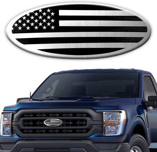 Tailgate Emblem for Ford F150 F250 F350 Silver American Flag 9 Inch Front Grill Emblem for Ford Emblem, Aluminum Oval Overlay Front Grill Rear Tailgate American Flag Decal Badge(Silver)
