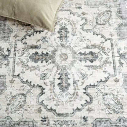 Arizona Light Gray/Beige 3 Ft. X 5 Ft. Distressed Border Ornate Machine Washable Area Rug