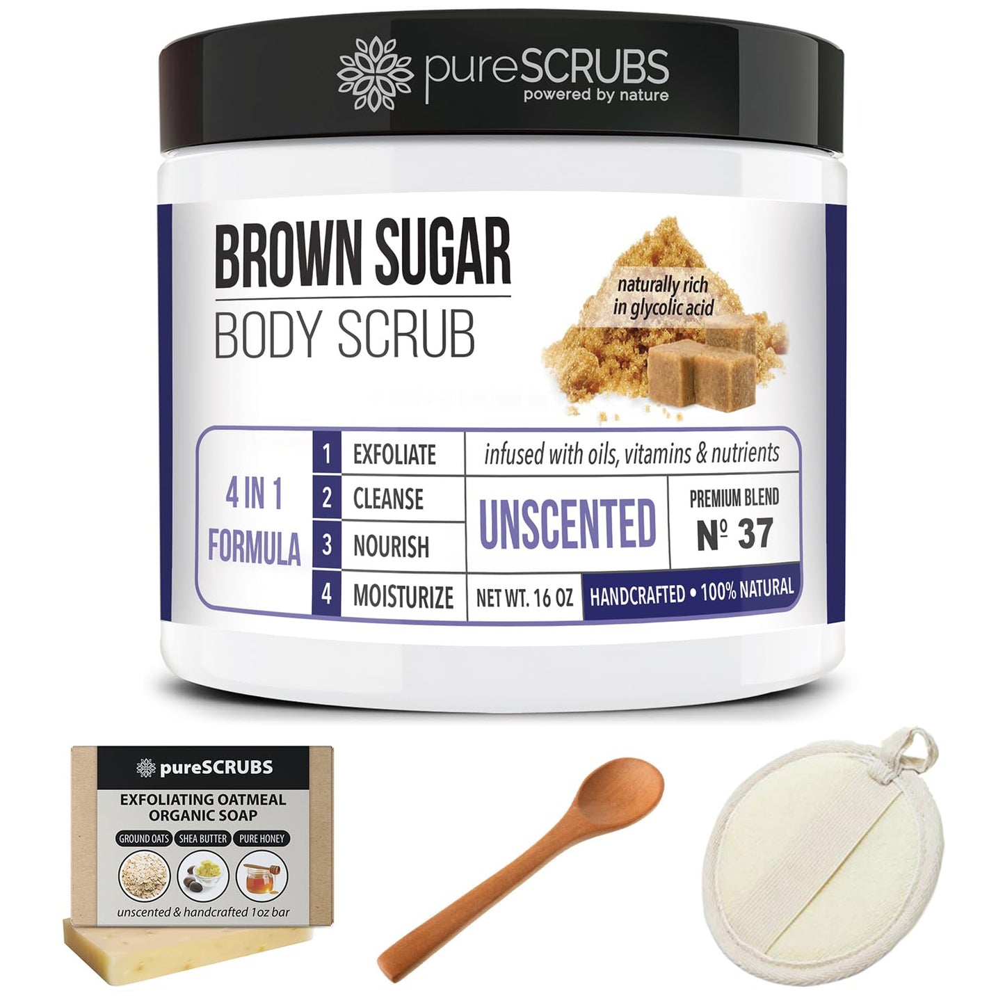 Premium Unscented Brown Sugar Body Scrub | Large 16Oz Jar | Face, Feet & Full Body Scrub | Includes Wooden Spoon, Loofah & Mini Exfoliating Bar Soap