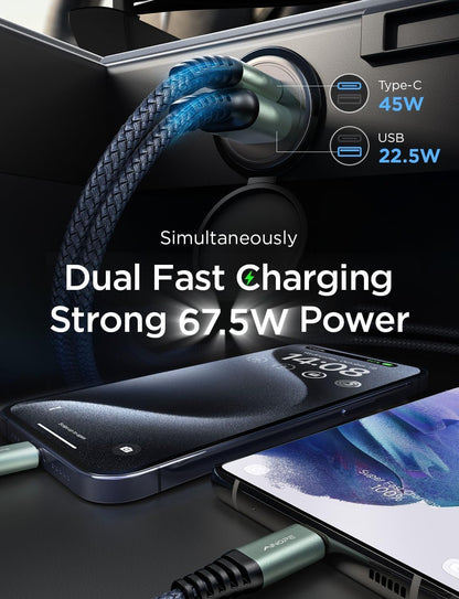 67.5W Super Mini Car Charger USB C Fast Charging,All Metal Cigarette Lighter Adapter PD&QC Type C Car Charger Adapter Outlet for 17 Iphone 16 15 Pro Max,Pixel 10 Pro, Samsung Galaxy S25,Android