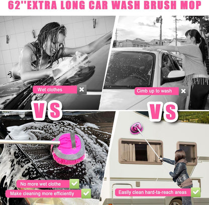 Pink 62" Car Wash Brush with Long Handle,Chenille Microfiber Car Wash Mop Sponge Mitt ,Windshield Window Squeegee,Wheel Brush,Car Detailing Brushes,Car Duster,Towel,Car Cleaning Kit for Cars RV Truck