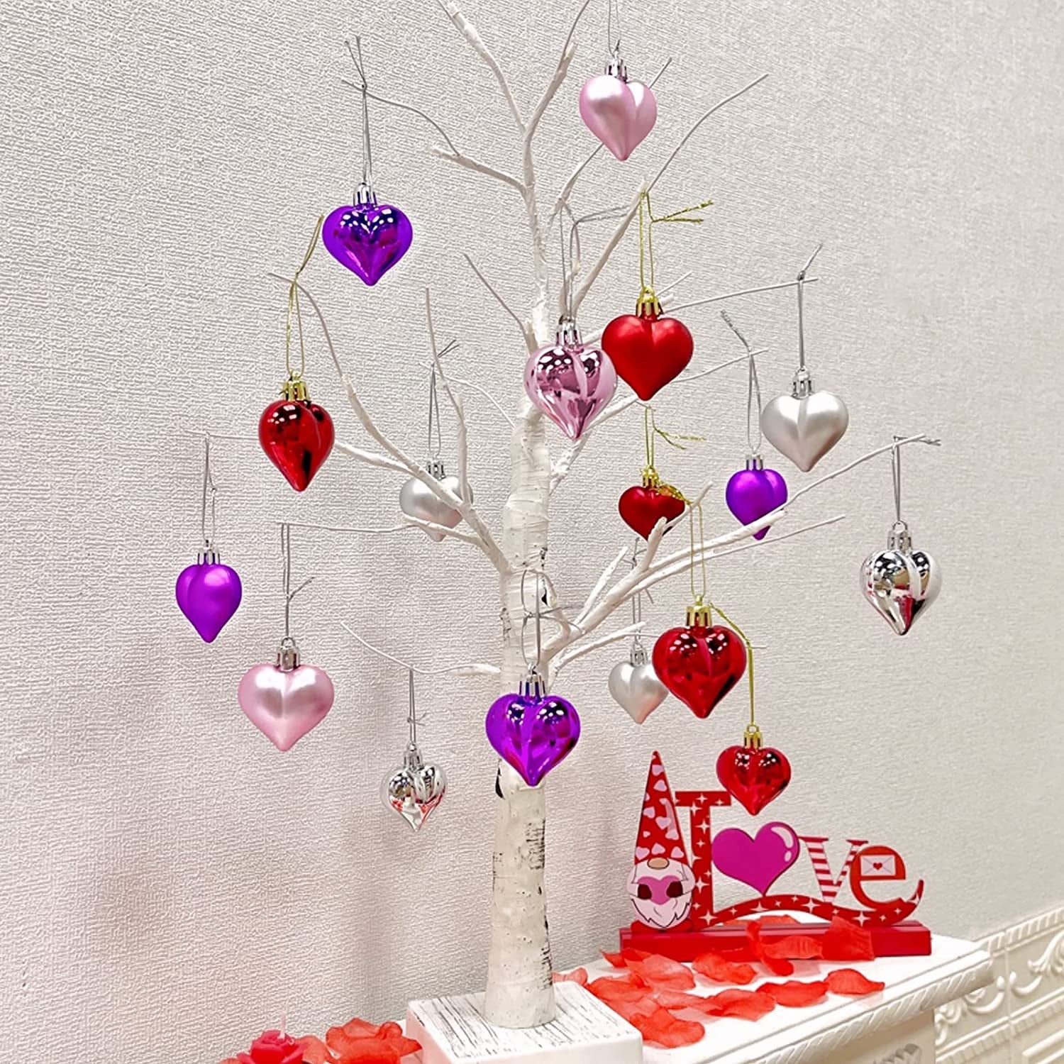 24 Pcs Valentine'S Day Hearts Shaped Ornaments, 2 Surfaces Valentines Heart Decorations Baubles Romantic Valentines Day Hanging Decorations for Home Indoor Outdoor (Red/Pink/Purple)