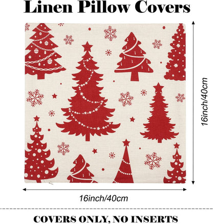 Christmas Pillow Covers 16X16 Set of 4 Red Throw Pillowcase Christmas Decorations Snowflake Farmhouse Linen Cushion Pillow Case for Home Decor Holiday Decorative