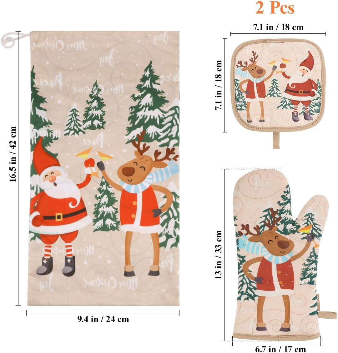 Cute Christmas Oven Mitt - 1 Set Heat Resistant Oven Gloves and Pot Holders for Christmas Kitchen Decoration