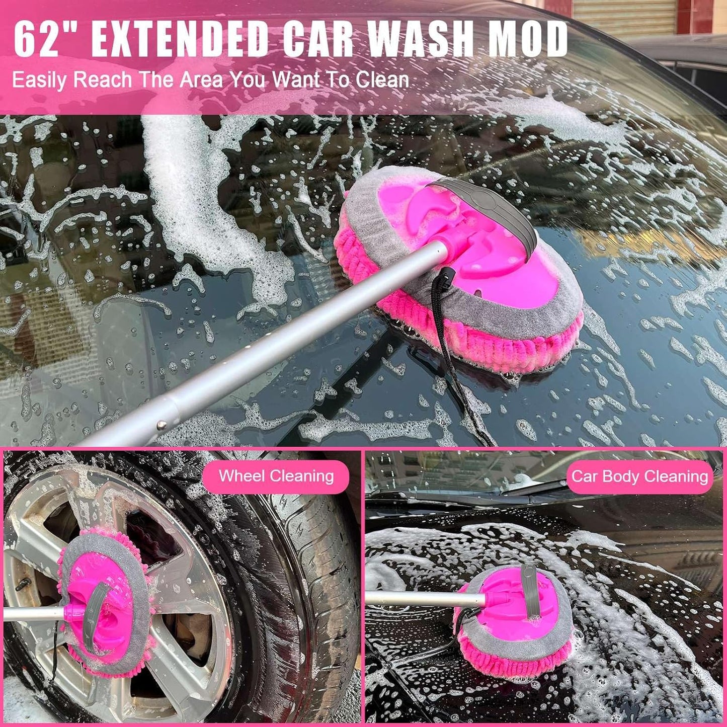 Pink 62" Car Wash Brush with Long Handle,Chenille Microfiber Car Wash Mop Sponge Mitt ,Windshield Window Squeegee,Wheel Brush,Car Detailing Brushes,Car Duster,Towel,Car Cleaning Kit for Cars RV Truck